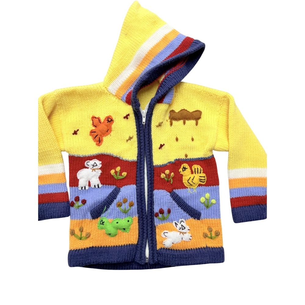 Handmade Sweater Girls 18-24 Months Multicolor Hooded Applique Animal‎ Full Zip